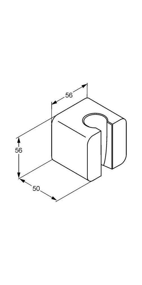 Isometrische technische Zeichnung eines U-förmigen Blocks mit einem zentralen Schlitz, mit den Abmessungen 56 x 56 x 50 gekennzeichnet.