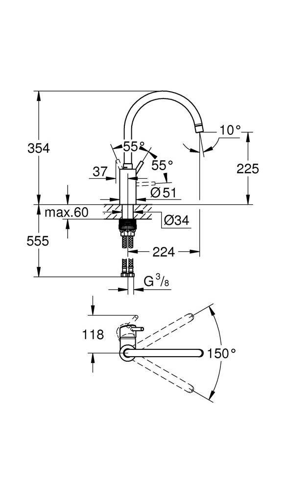 GROHE Einhand-Spültischbatterie CONCETTO 1/2Zoll ho Ala chr Mousseur