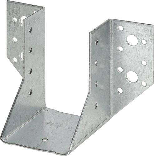 Ein Metallauflager mit mehreren vorgebohrten Löchern zur Befestigung von Holzbalken. Wird im Bauwesen für zusätzliche Stabilität und Unterstützung verwendet.