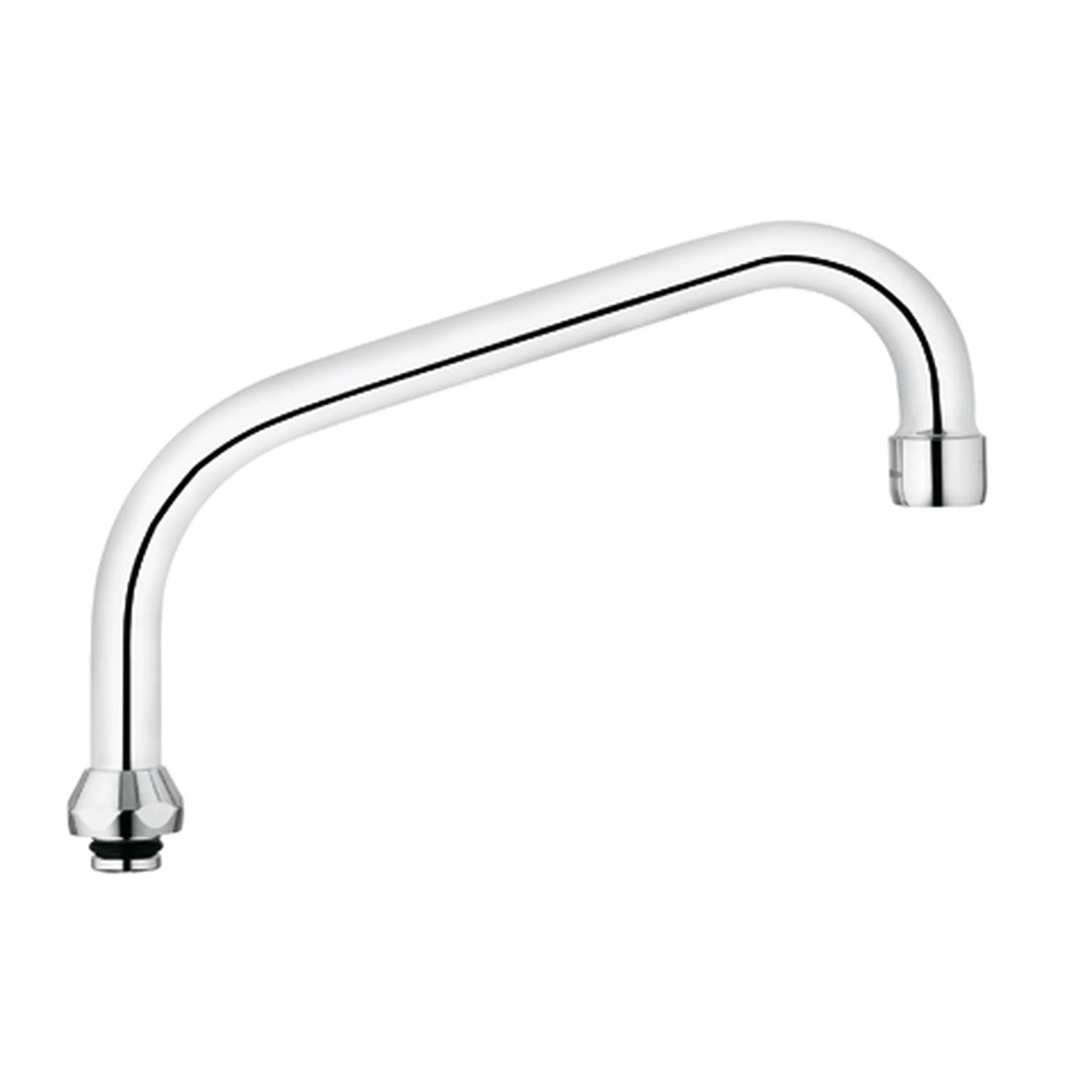 Verchromter Schwanenhals-Wasserhahn mit gebogenem U-förmigen Auslauf und Gewinde-Steckverbindern auf weißem Hintergrund.