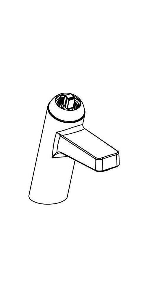 Linienzeichnung eines modernen Wasserhahns mit zylindrischem Körper, abgewinkeltem Auslauf und einem einzelnen Stellknopf oben.