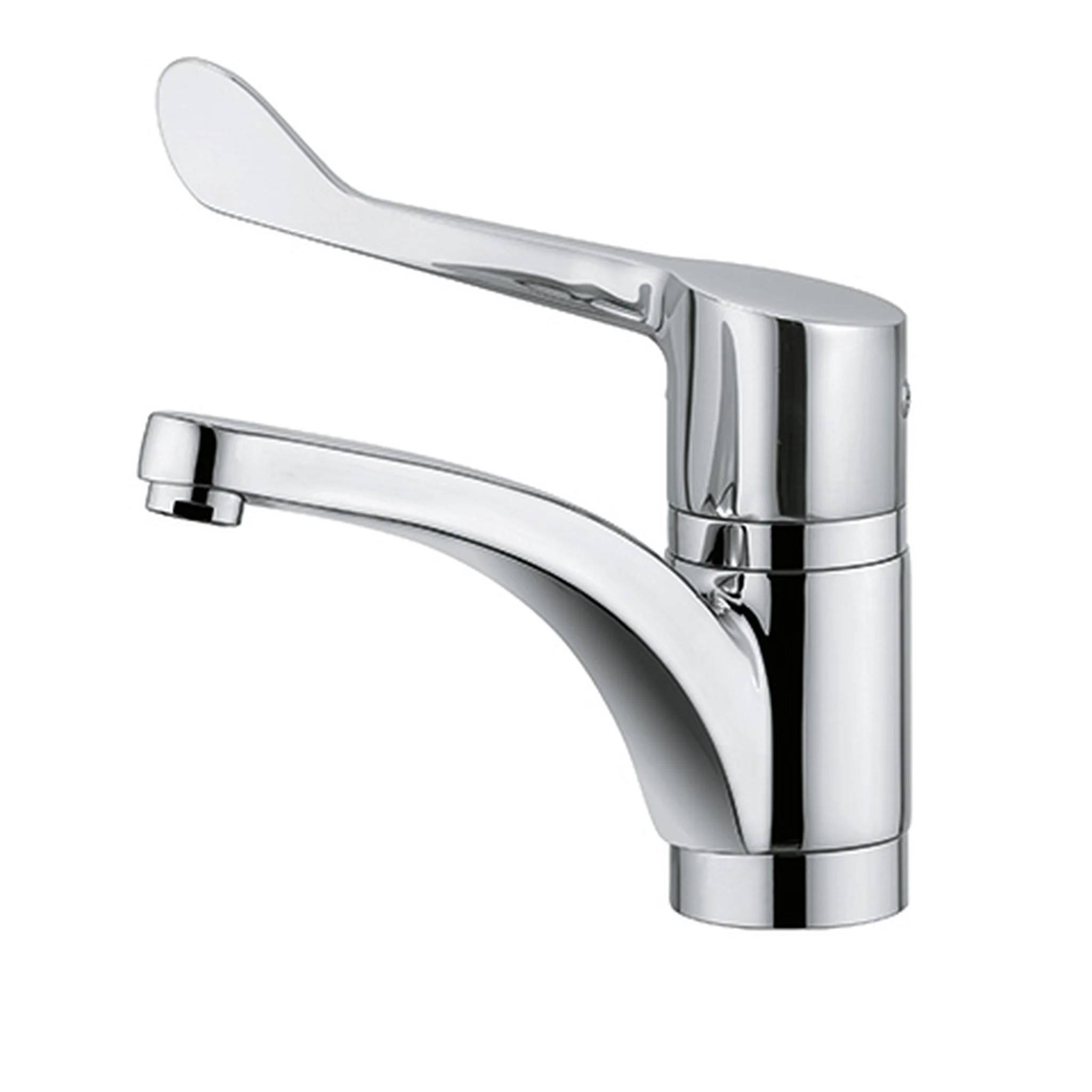 Chromglanziger einhandel-Badezimmerwasserhahn mit gebogenem Auslauf und Hebel auf weißem Hintergrund.