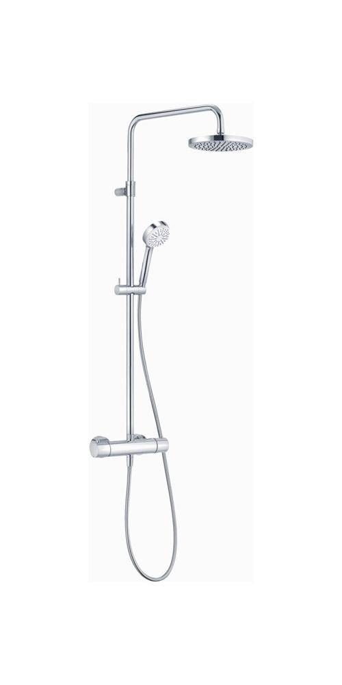 Chrome-Duschsystem mit Kopfbrause, Handbrause und Regelventil auf weißem Hintergrund.
