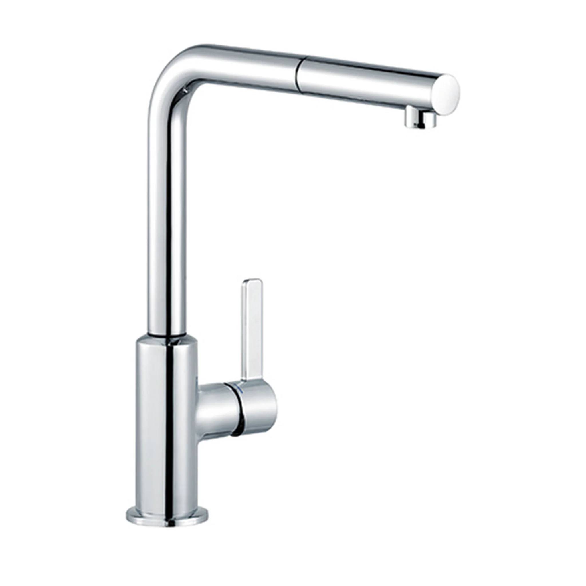 Chrom-Küchenarmatur mit Einhebelbedienung und hochgebogener Auslaufform auf weißem Hintergrund.