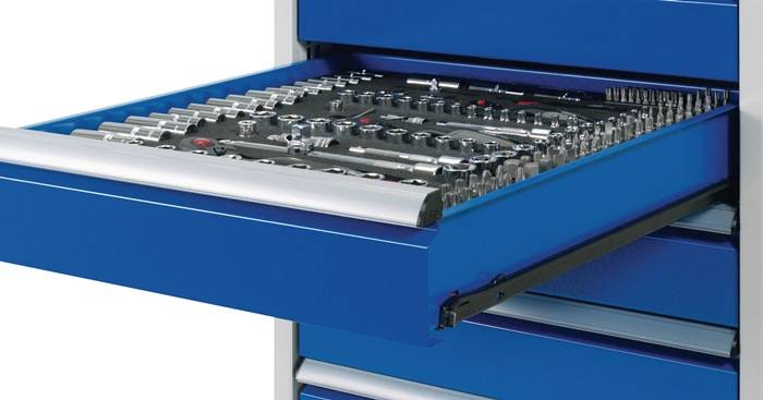 Werkbank Basic B2000xT700xH840-1040mm Buche lichtgrau/enzianblau 3Schubl.1TürRAU