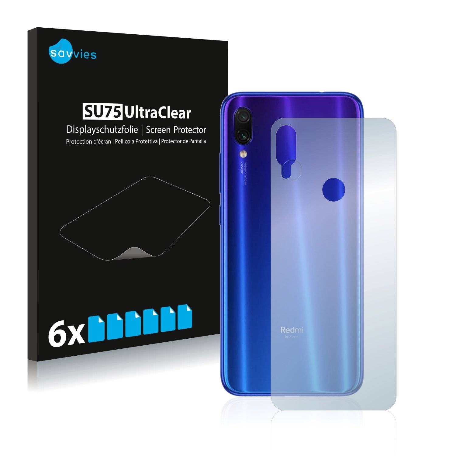 6x Savvies® SU75 Displayschutzfolie für Xiaomi Redmi Note 7 Pro (Rückseite)