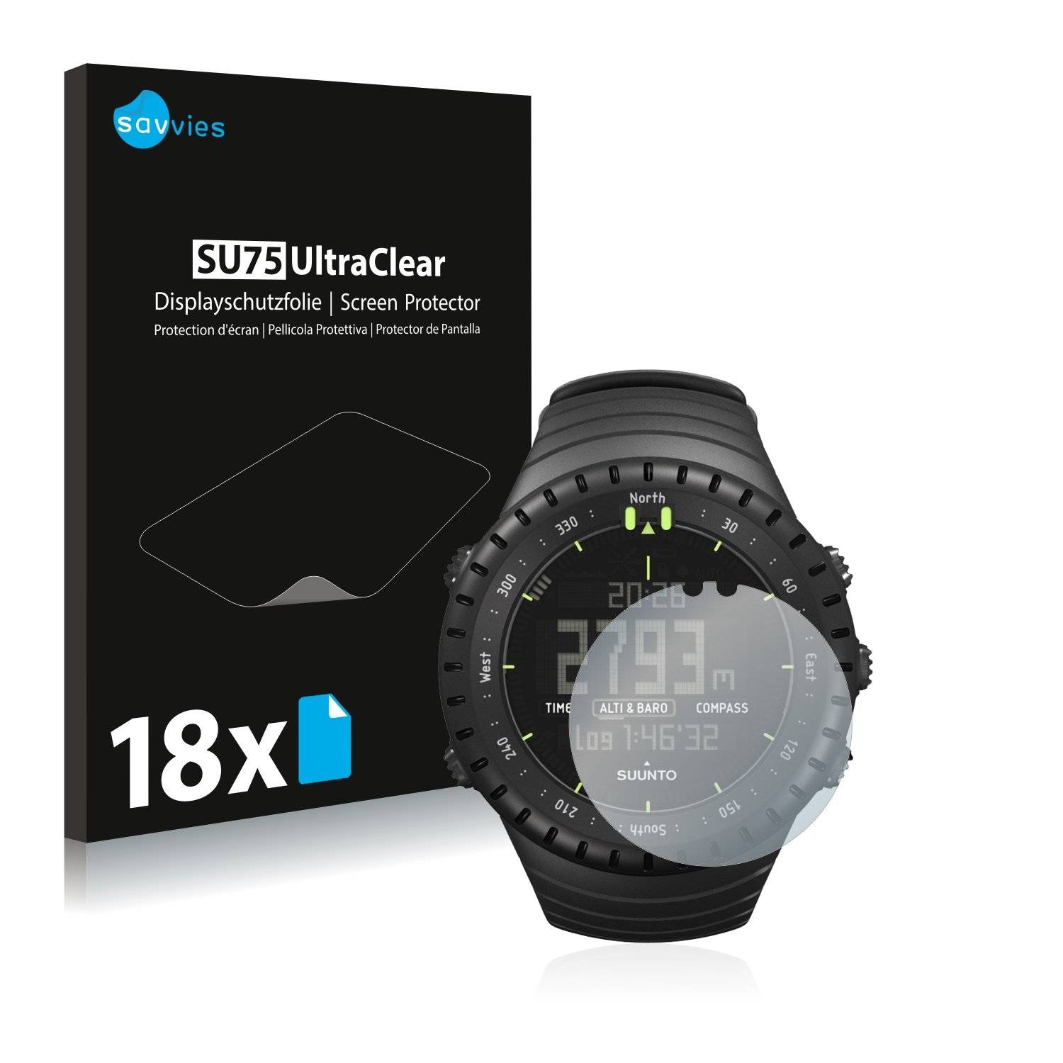 18x Savvies® SU75 Displayschutzfolie für Suunto Core All Black