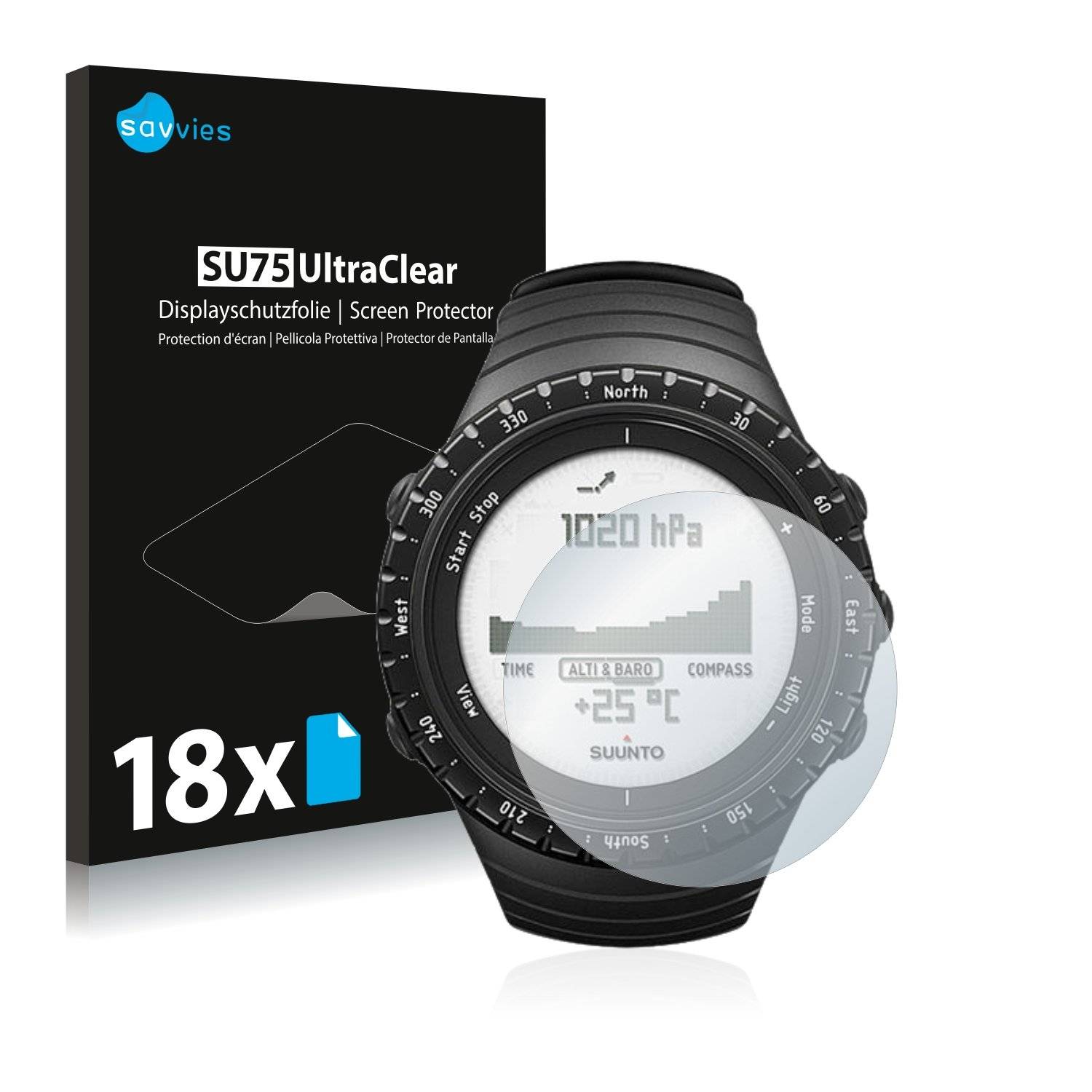18x Savvies® SU75 Displayschutzfolie für Suunto Core Regular Black