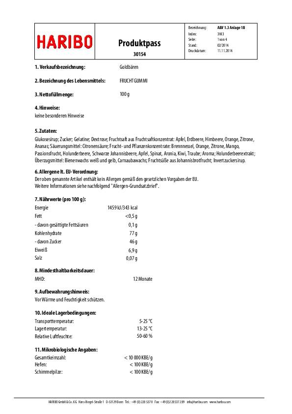 HARIBO Fruchtgummi Goldbären 389195 100 g/Pack.