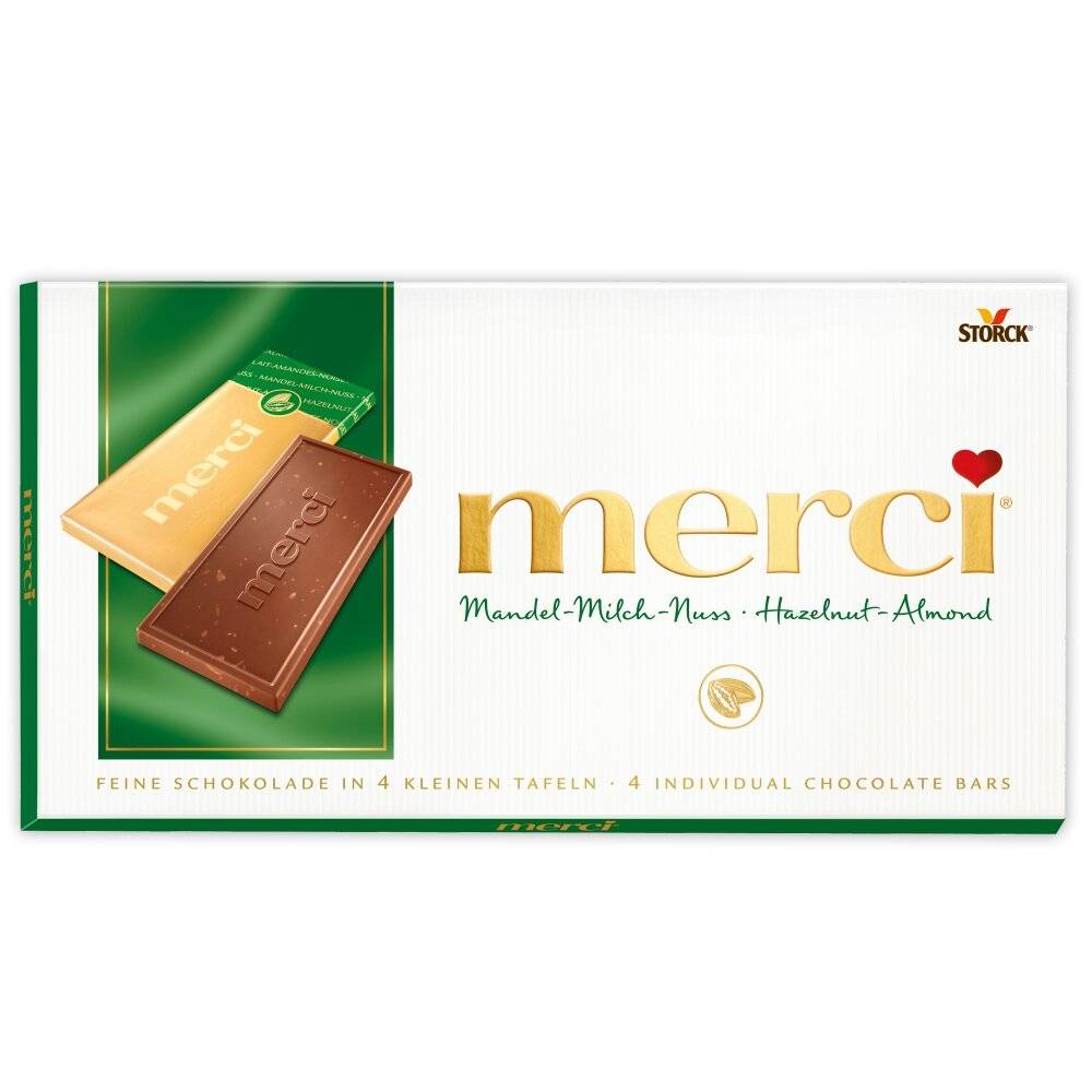 Schachtel Merci-Schokoladentafeln mit Milch-, Haselnuss- und Mandelgeschmack mit dem Logo „merci
