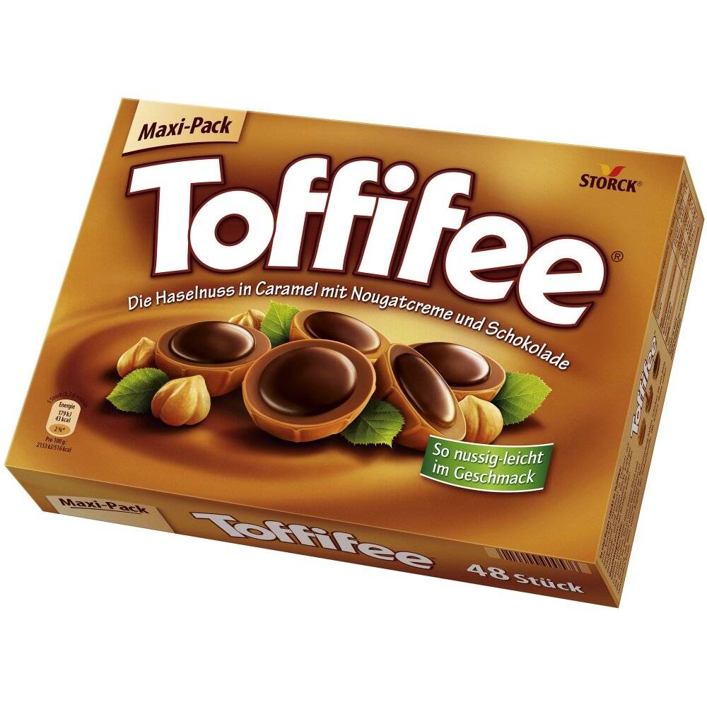 Toffifee Maxi-Pack Süßigkeitenschachtel mit Karamellbechern, Haselnüssen, Nougatcreme und Schokolade, mit Etikett für 48 Stück.