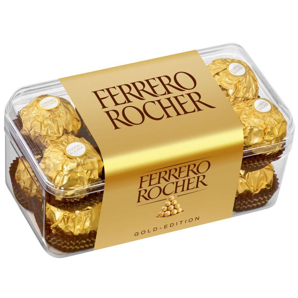 Ferrero Rocher Gold Edition Geschenkbox mit durchsichtigem Kunststofftablett, das goldverpackte Pralinen hält, und einem Goldetikett oben.
