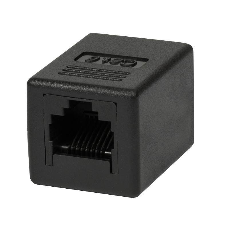 Schwarzer rechteckiger RJ45-Ethernet-Koppler-Adapter mit weiblichem Anschluss auf der Vorderseite und 