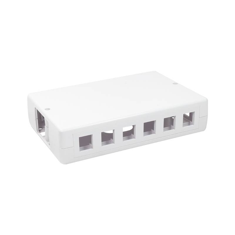 Eine weiße Kunststoff-Keystone-Wandplatte mit sechs Anschlussöffnungen, entwickelt für Netzwerk- oder Telefondosen, auf einem neutralen Hintergrund platziert.