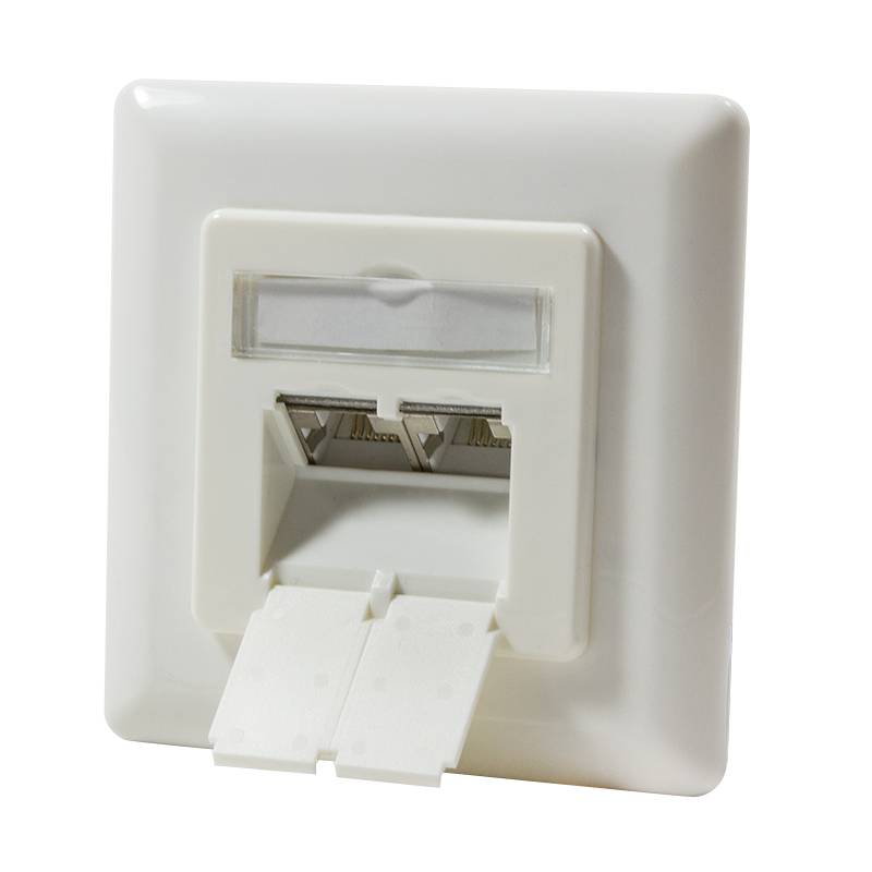 Weiße Ethernet-Wanddose mit zwei Netzwerkports und einem kleinen Beschriftungsfenster, an einer schlichten Wand montiert.