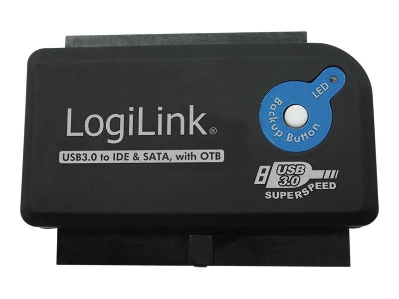 LogiLink USB 3.0 zu IDE- und SATA-Adapter mit OTB-Sicherungsknopf und LED-Anzeige.