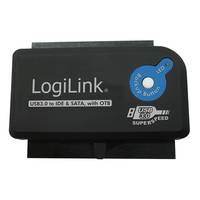 LogiLink USB 2.0 auf IDE und SATA Adapter mit OTB, Frontansicht auf weißem Hintergrund.
