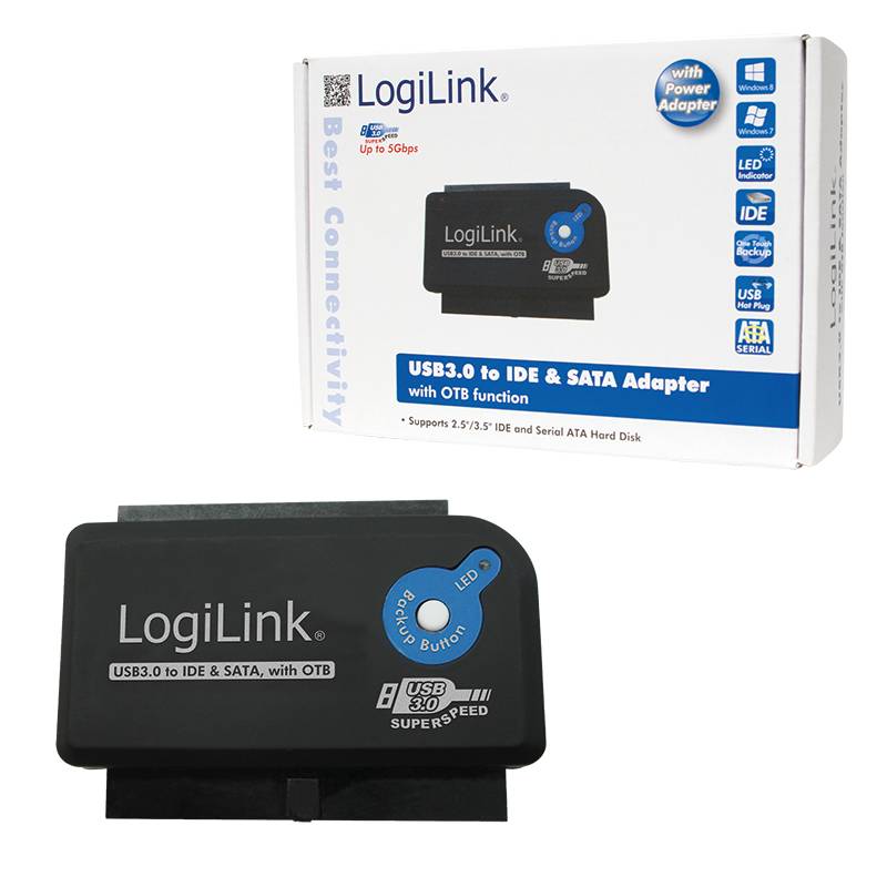 LogiLink USB 3.0 auf IDE und SATA Adapter mit OTB-Funktion, gezeigt mit Einzelhandelsverpackung und Geräteeinheit.