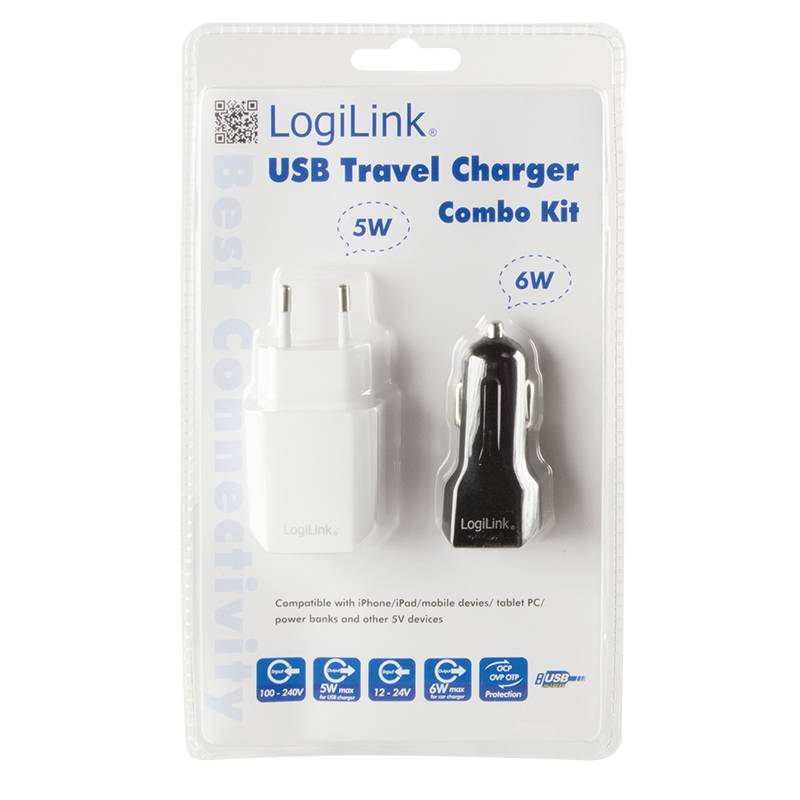 LogiLink USB Reise-Set, jeweils 1x USB-Port, 5W/12W