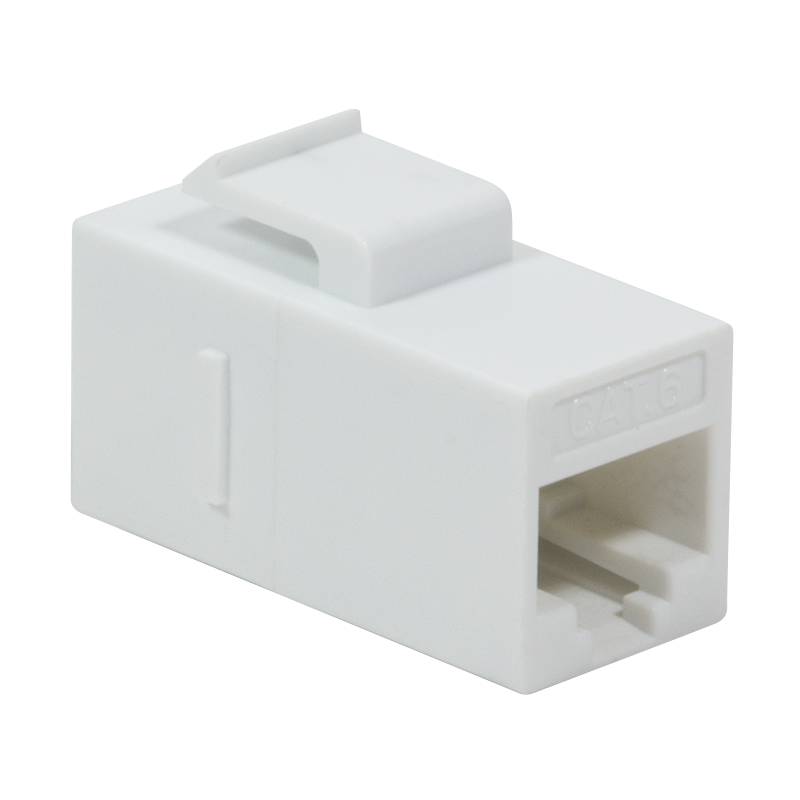 Weißer Ethernet-Keystone-Buchse/Koppler mit Schnappverschluss-Clip, auf schwarzem Hintergrund dargestellt.