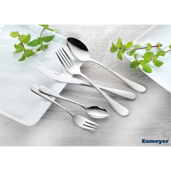 Besteck-Set aus Edelstahl mit Gabeln, Löffeln und Messer auf einem weißen Tablett, verziert mit grünen Blättern; Esmeyer-Logo unten rechts.
