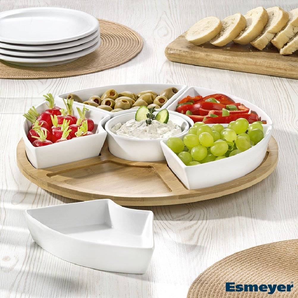 7- tlg. drehbares Set SUSAN, mit 6 Schalen aus weißem Porzellan und einem