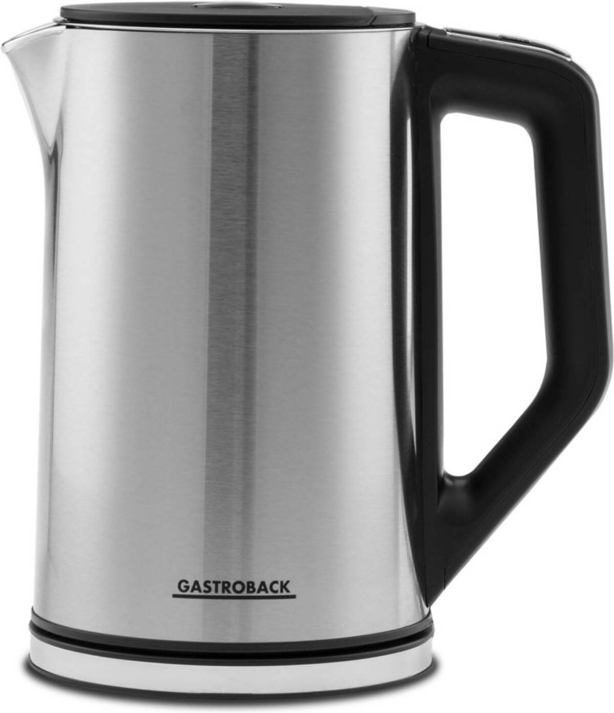 Edelstahl-Wasserkocher mit schwarzem Griff und Ausguss, gekennzeichnet mit 'GASTROBACK'.