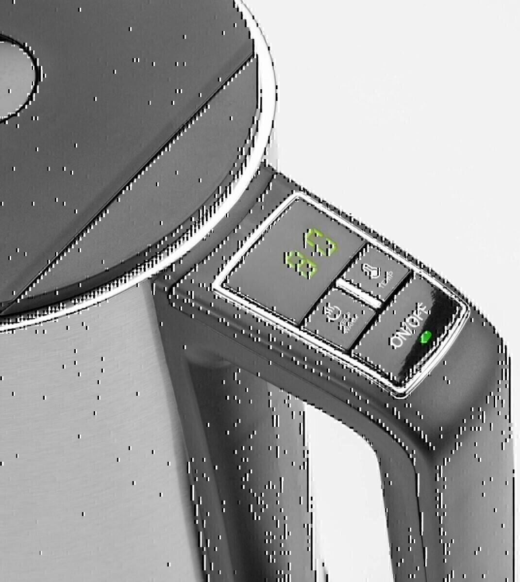 Elektrischer Wasserkocher mit digitaler Anzeige zur Temperatureinstellung; verfügt über einen Ein-/Aus-Schalter am Griff für einfache Bedienung.