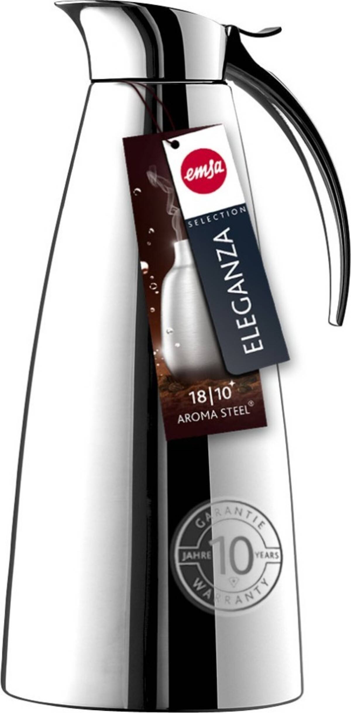 Chromeveredelter Kaffeekaraffe mit schwarzem Griff und hängendem 
