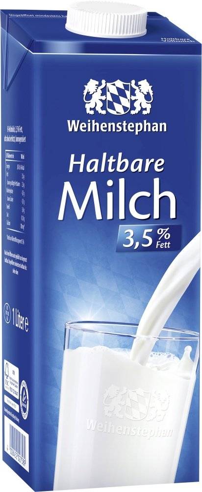 Weihenstephan H-Milch mit 3,5% Fett, Inhalt: 1 l ultrahocherhitzt.