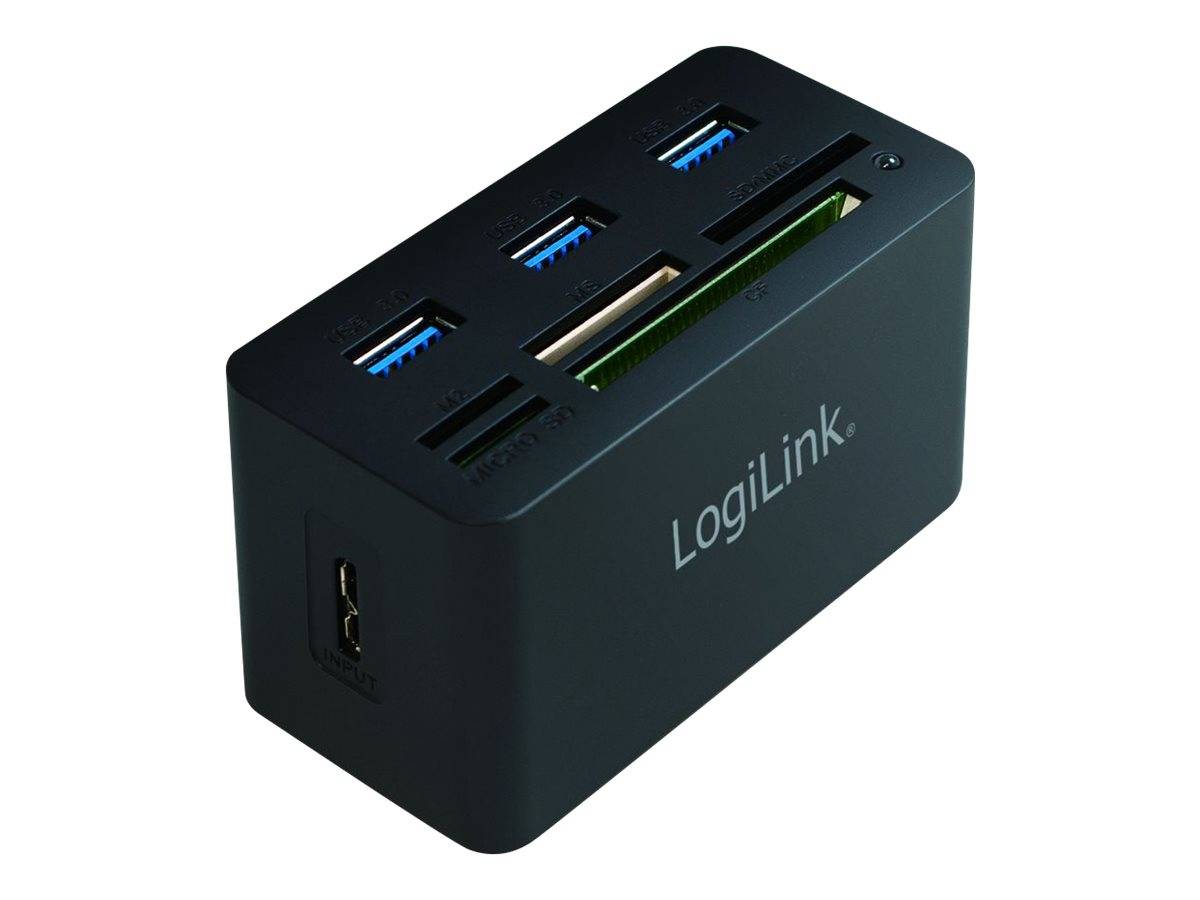 Schwarzer LogiLink USB-Hub mit vier USB-A-Anschlüssen und einem USB-C-Anschluss auf weißem Hintergrund.