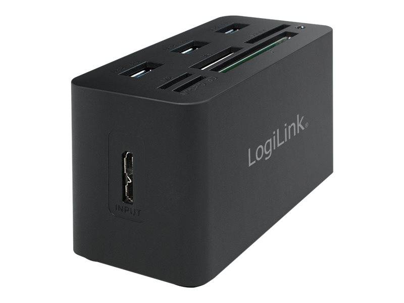 Schwarzes LogiLink USB-Kartenlesegerät mit mehreren Speicherkartensteckplätzen und einem Eingangsanschluss, gezeigt auf weißem Hintergrund.