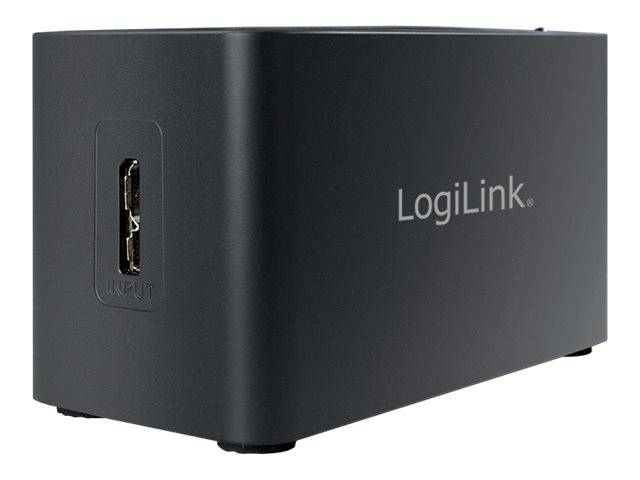 Schwarze LogiLink-Adapterbox mit einem sichtbaren HDMI-Ausgangsport auf einer Seite.