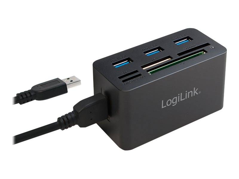LogiLink USB-Kartenleser-Hub mit mehreren Steckplätzen und Anschlüssen, abgebildet mit USB-Kabeln, die in das Gerät eingesteckt sind.