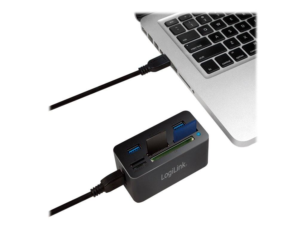 Laptop verbunden mit einem LogiLink USB-Hub mit mehreren USB-Anschlüssen und einem Speicherkartenschlitz, dargestellt mit angeschlossenen Kabeln.