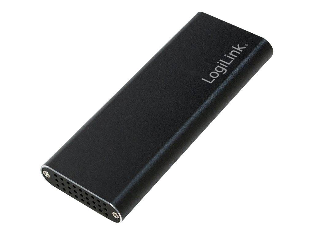 Schwarzes LogiLink USB-Gerät mit Lüftungsschlitzen am Perforierter Ende, gezeigt auf weißem Hintergrund.