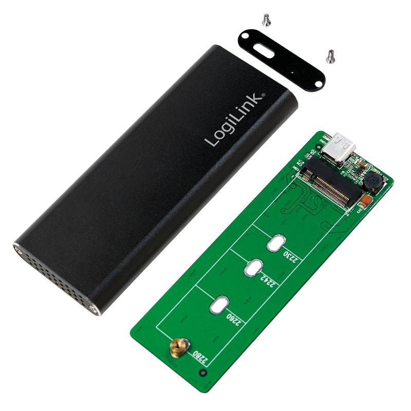 LogiLink externes Gehäuse-Set mit schwarzem Gehäuse, grüner Leiterplatte, Montageklammer, Schrauben und USB-Stecker in zerlegt dargestellt.