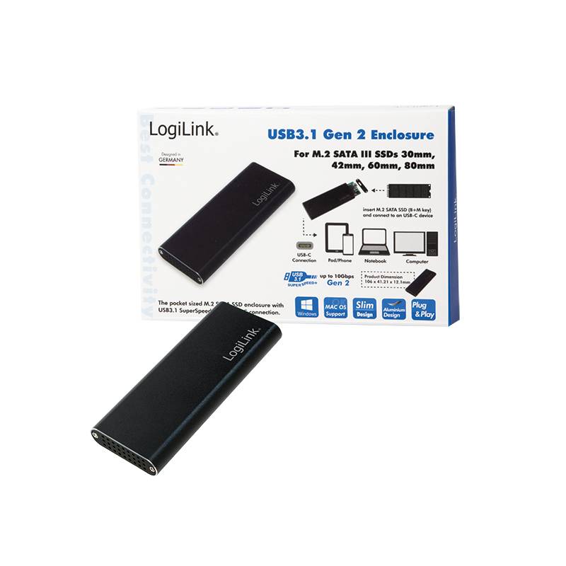 LogiLink USB 3.1 Gen 2 M.2 SATA SSD-Gehäuse, dargestellt mit seiner Einzelhandelsverpackung, unterstützt 30mm, 42mm, 60mm und 80mm Laufwerke.