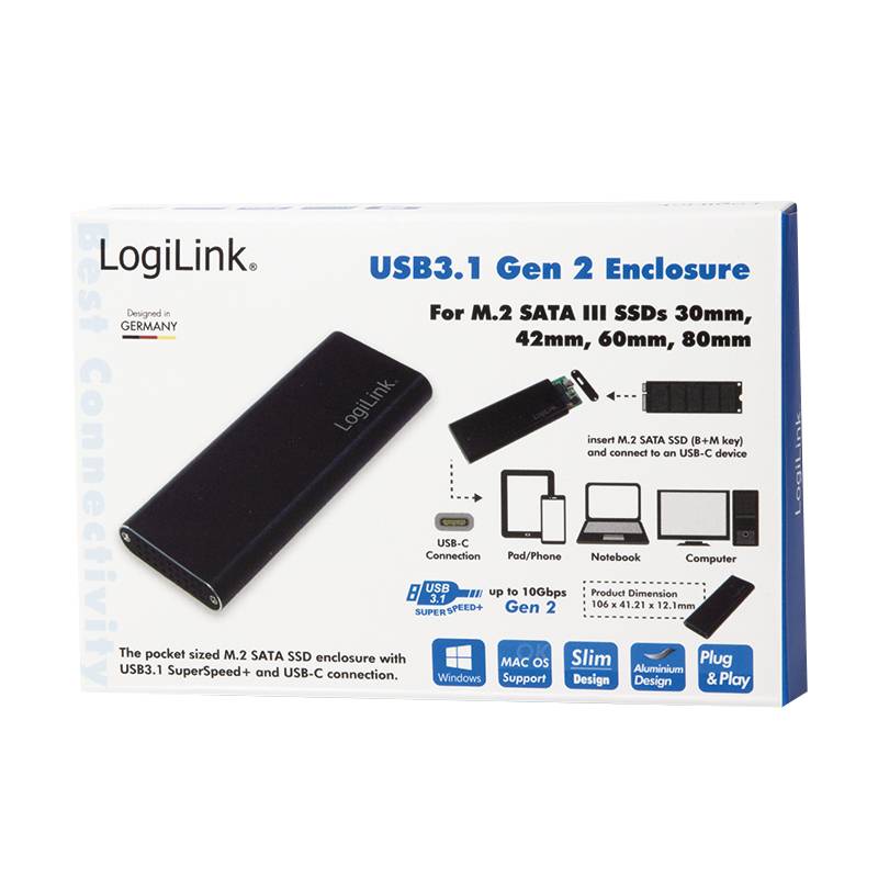 LogiLink USB3.1 Gen 2 M.2 SATA SSD Gehäuse für 30mm, 42mm, 60mm und 80mm Laufwerke, mit USB-C Kompatibilität und Geräte-Icons.