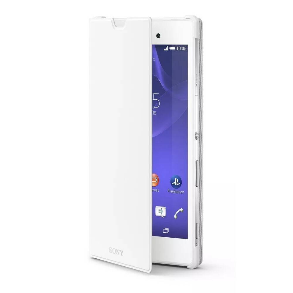 Weiße Sony-Smartphone-Hülle, die auf einem Sony-Telefon gezeigt wird, mit einem Ausschnittfenster, das den Bildschirm und die Tasten enthüllt.