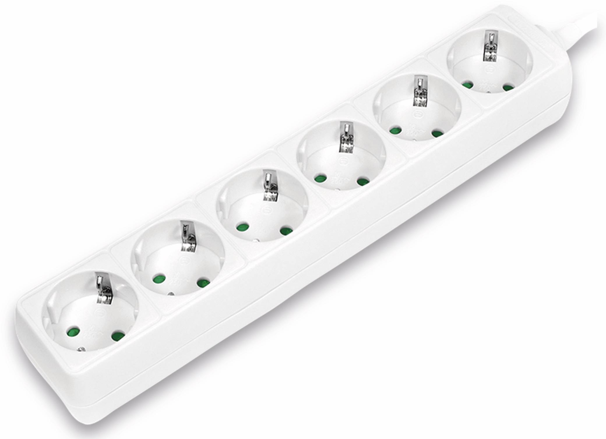 Eine sechsfach-Steckdosenleiste in Weiß, jede Buchse für zweipolige Stecker ausgelegt, in einer geraden Reihe angeordnet.