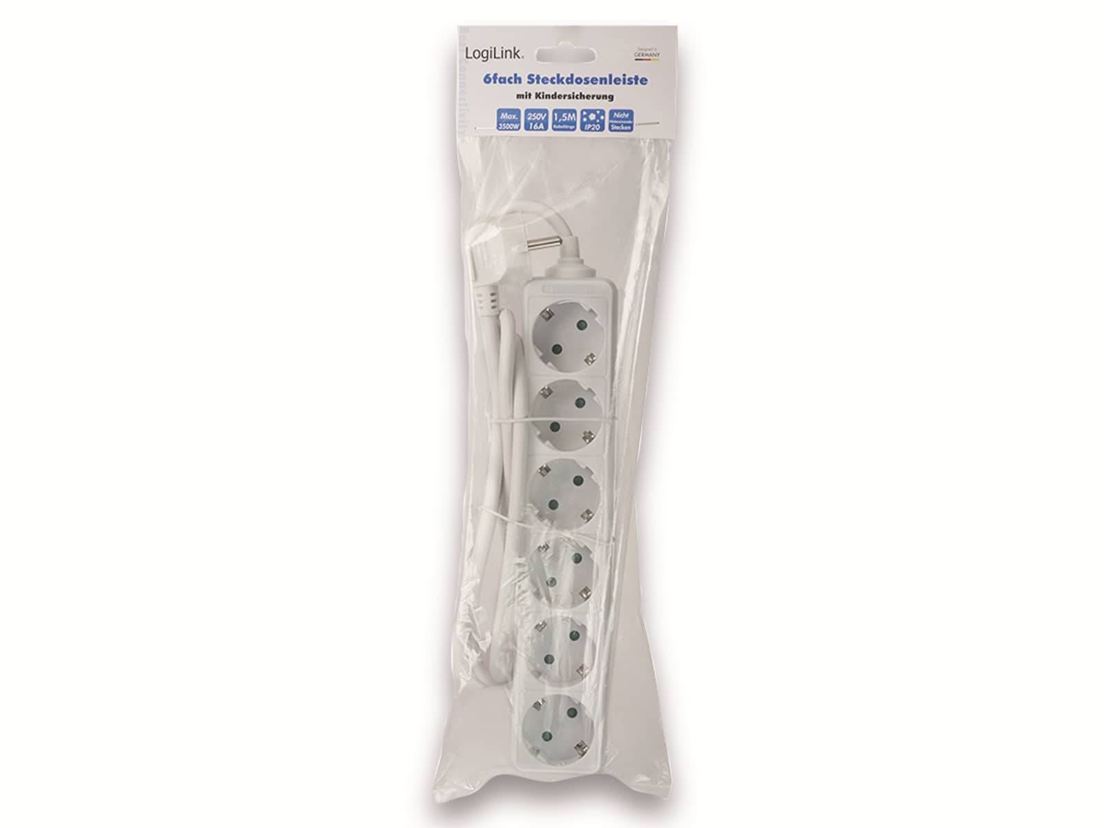 Verpackte weiße LogiLink Mehrfachsteckdose mit sechs Steckplätzen, angebrachtem Kabel und Stecker, dargestellt in durchsichtiger Kunststoffverpackung.
