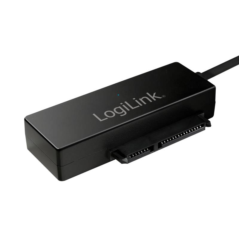 Schwarzer LogiLink externe Laufwerksadapter mit angeschlossenem Kabel und SATA-Stecker auf weißem Hintergrund.