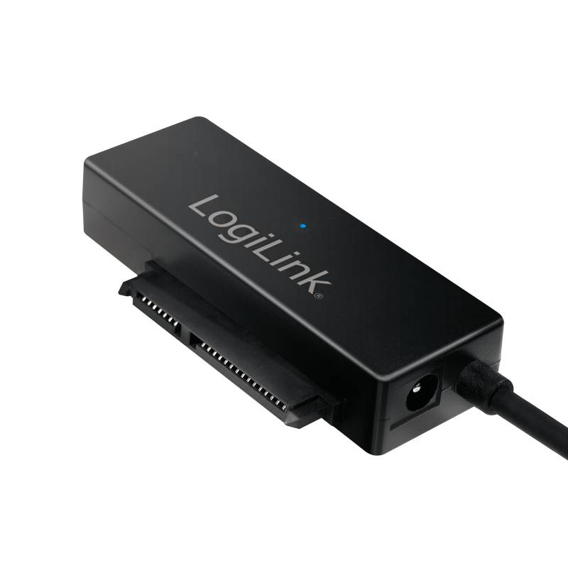 LogiLink USB-Adapter/Docking-Dongle mit Anschluss und Stromkabel auf weißem Hintergrund.