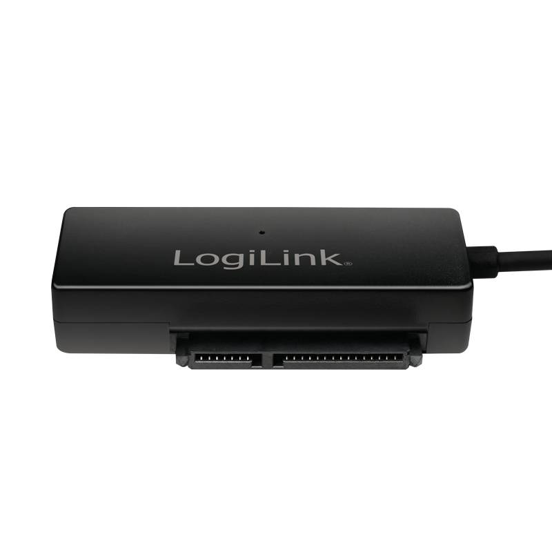 LogiLink-Adapter in Schwarz mit angeschlossenem Kabel und zwei Vorderanschlüssen, gezeigt auf weißem Hintergrund.