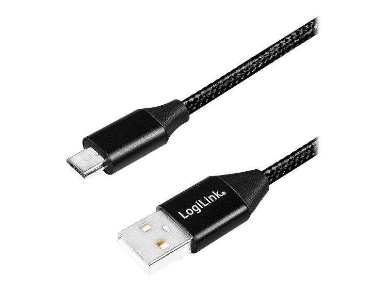 Geflochtenes USB-Kabel mit einem USB-C-Anschluss auf der einen Seite und einem USB-A-Anschluss mit der Bezeichnung „LogiLink