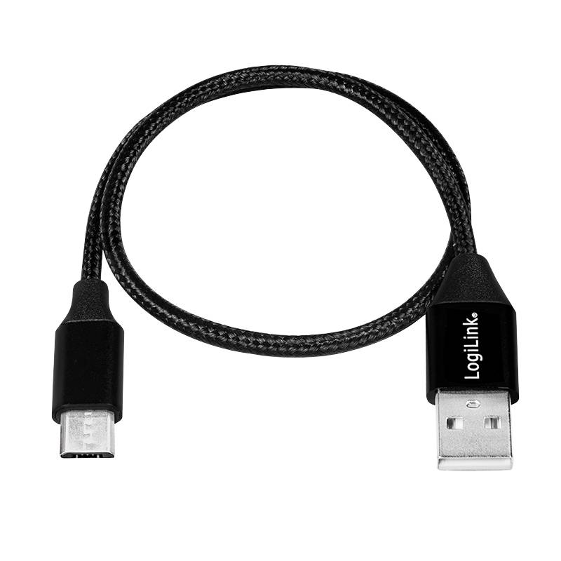 Schwarzes geflochtenes USB-C zu USB-A Lade-/Datenkabel auf weißem Hintergrund, mit einem USB-C-Stecker und einem Standard USB-A-Stecker.