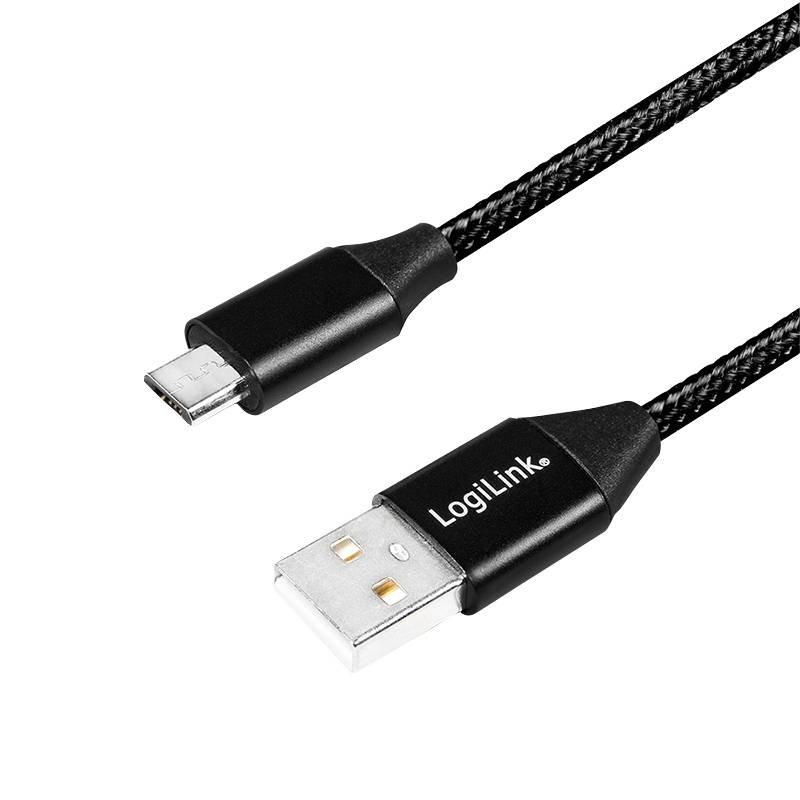 Geflochtenes USB-Ladekabel mit USB-C- und USB-A-Anschlüssen, dargestellt auf weißem Hintergrund.