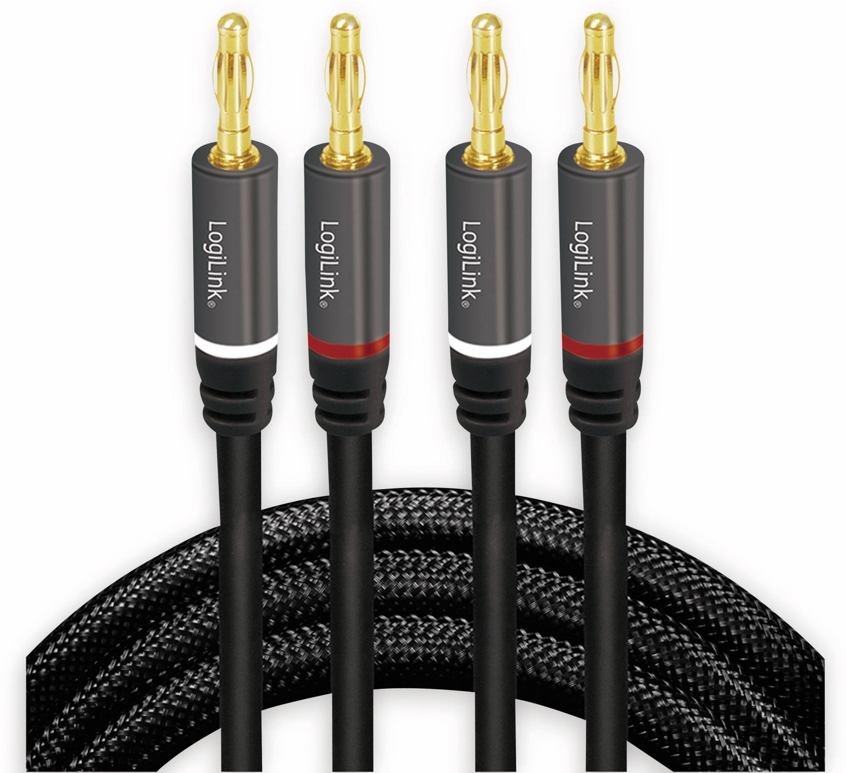 Vier LogiLink-Bananenstecker-Lautsprecherkabel mit geflochtenem schwarzem Mantel, zwei mit weißen Ringen gekennzeichnet und zwei mit roten Ringen.