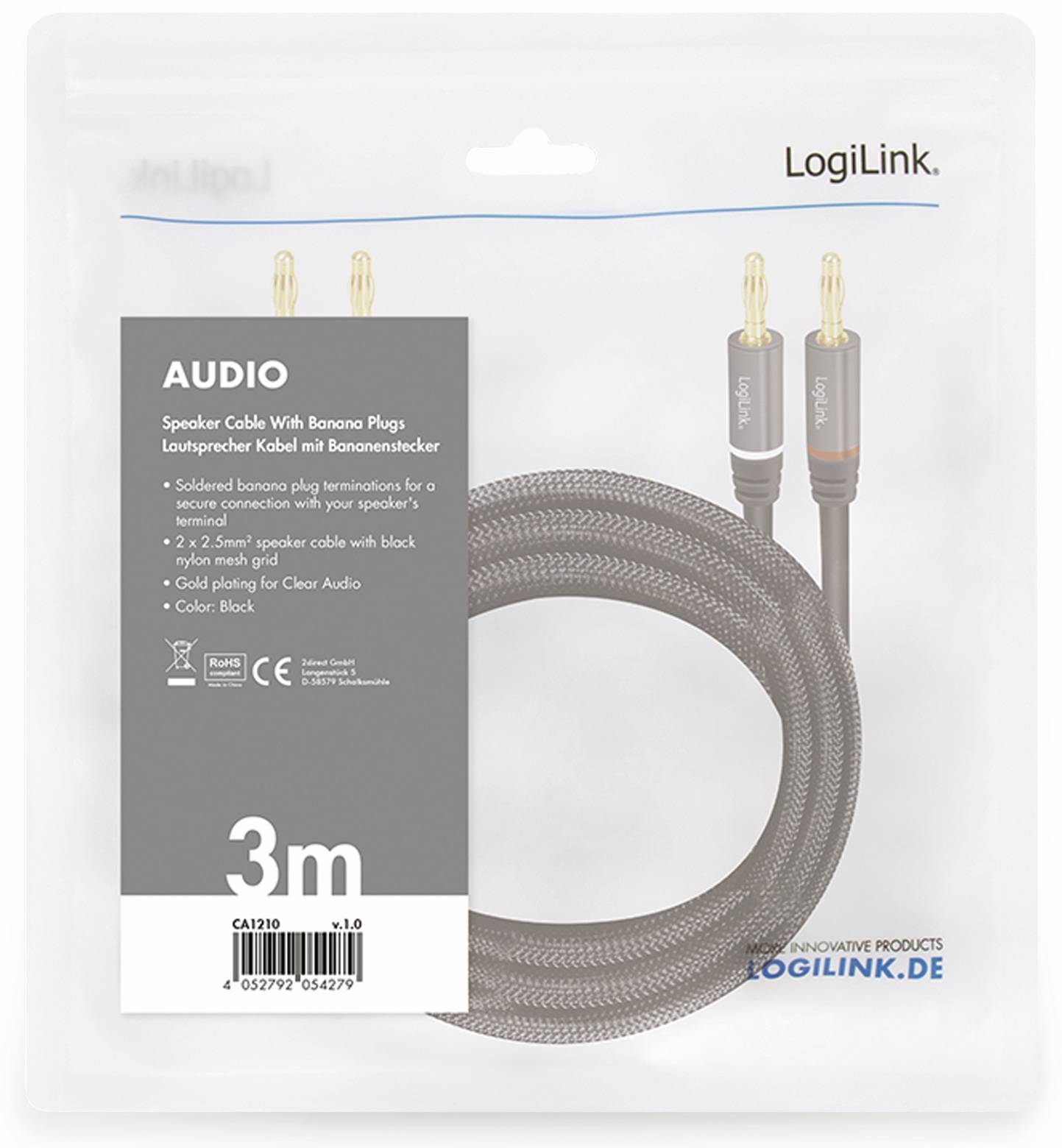LogiLink Audio-Lautsprecherkabel-Verpackung, die ein 3 m schwarzes geflochtenes Bananenstecker-Kabel mit vergoldeten Anschlüssen und Produktdetails zeigt.